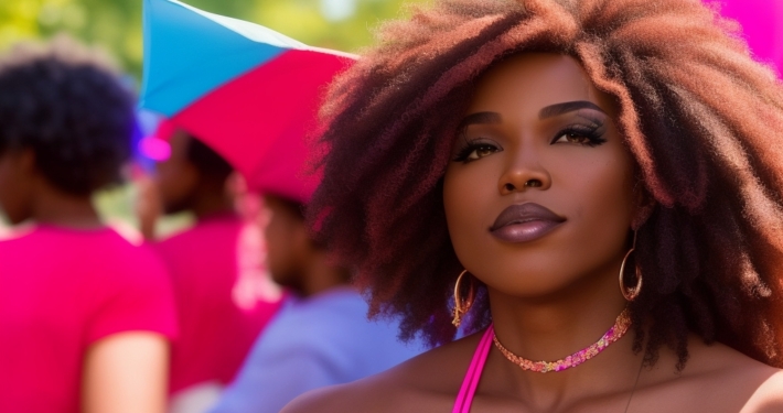 A person with curly hair and hoop earrings looks toward the camera, surrounded by others wearing pink and blue attire in an outdoor setting.