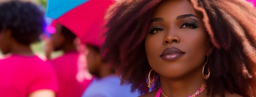 A person with curly hair and hoop earrings looks toward the camera, surrounded by others wearing pink and blue attire in an outdoor setting.