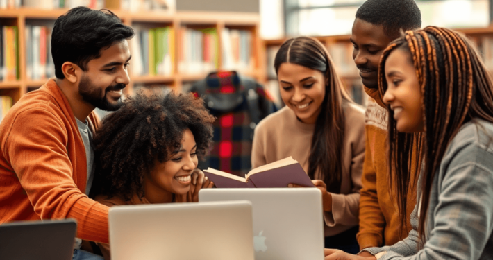 A group of five people study together at a table in a library, surrounded by books and laptops, with shelves of books in the background.