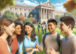 A diverse group of college students engaged in a lively discussion outdoors on a vibrant green campus. In the foreground, a female Hispanic student sm