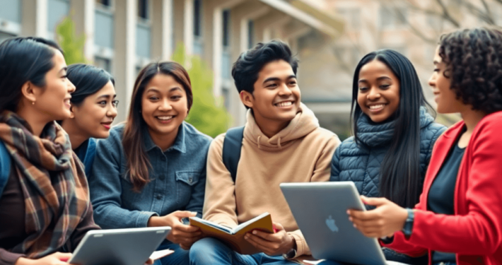 A group of diverse young adults sit together outdoors, engaging in conversation while holding books and laptops, with a building in the background.