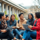 A group of diverse young adults sit together outdoors, engaging in conversation while holding books and laptops, with a building in the background.