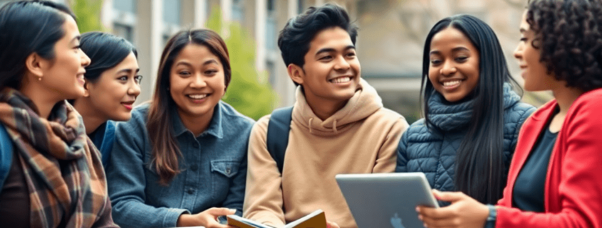 A group of diverse young adults sit together outdoors, engaging in conversation while holding books and laptops, with a building in the background.