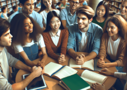 A diverse group of students, including Caucasian, Asian, and Hispanic individuals, engaged in a lively discussion around a table in a university libra