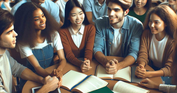 A diverse group of students sits around a table in a library, engaged in discussion with open books and notebooks.