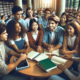 A diverse group of students, including Caucasian, Asian, and Hispanic individuals, engaged in a lively discussion around a table in a university libra