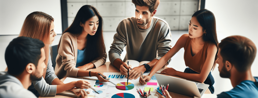 A diverse group of six people sits around a table, discussing colorful charts and graphs. Laptops, papers, and pens are spread across the table.