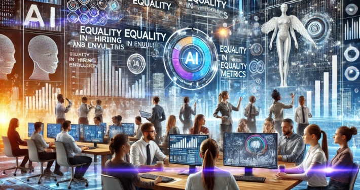 A diverse group of people working with computers in a futuristic office, surrounded by AI-themed graphics, charts, and the word equality repeated across several screens.