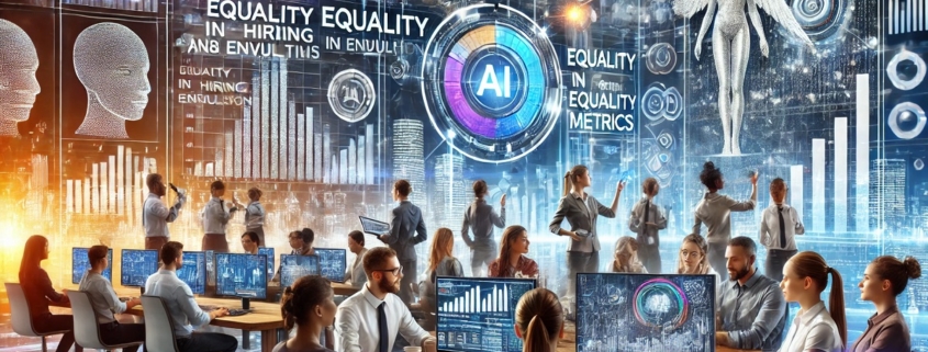 A diverse group of people working with computers in a futuristic office, surrounded by AI-themed graphics, charts, and the word equality repeated across several screens.