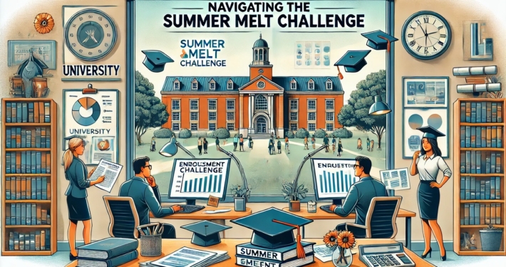 Illustration of university staff planning summer enrollment. Features a large window view of campus, charts, and two staff at desks labeled Enrollment and Enquiries, addressing summer melt challenges.