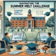 Illustration of university staff planning summer enrollment. Features a large window view of campus, charts, and two staff at desks labeled Enrollment and Enquiries, addressing summer melt challenges.