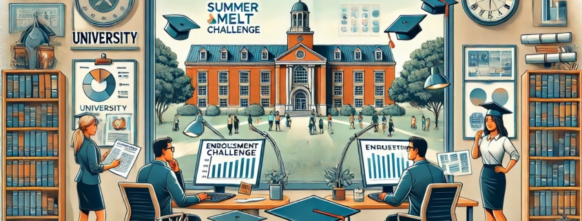 Illustration of university staff planning summer enrollment. Features a large window view of campus, charts, and two staff at desks labeled Enrollment and Enquiries, addressing summer melt challenges.