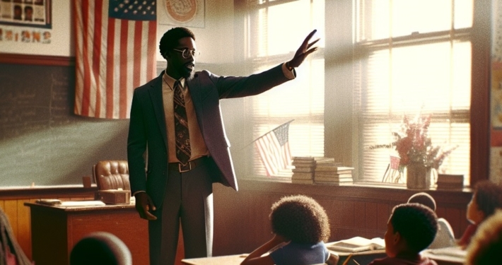 A teacher stands in a classroom, gesturing with one hand while facing a group of seated students. An American flag hangs on the wall, and sunlight streams through the windows.