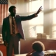 A teacher stands in a classroom, gesturing with one hand while facing a group of seated students. An American flag hangs on the wall, and sunlight streams through the windows.