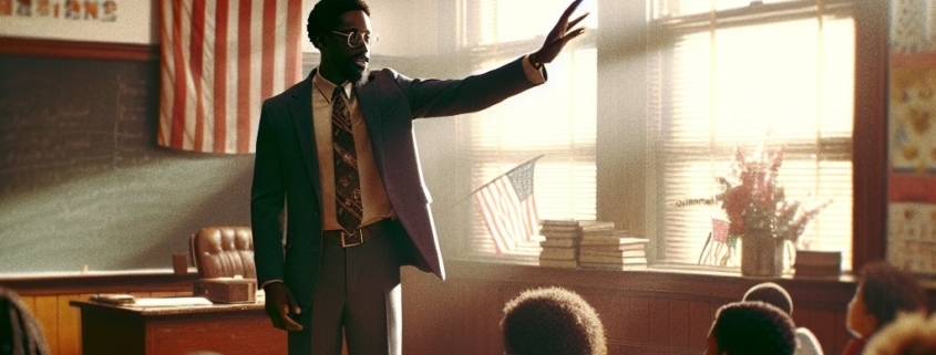 A teacher stands in a classroom, gesturing with one hand while facing a group of seated students. An American flag hangs on the wall, and sunlight streams through the windows.