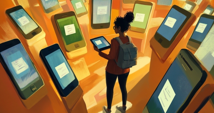 A person with a backpack stands in a room filled with oversized smartphones, holding a tablet.