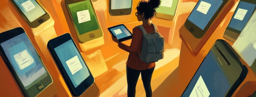 A person with a backpack stands in a room filled with oversized smartphones, holding a tablet.